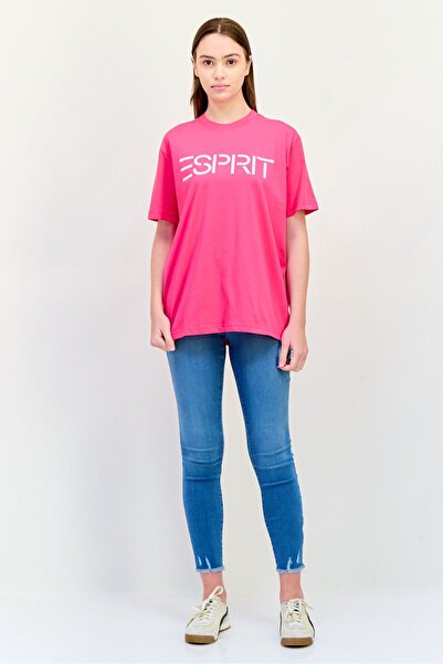 Esprit Women Crew Neck Short Sleeve Brand Logo T-Shirts, Dark Pink