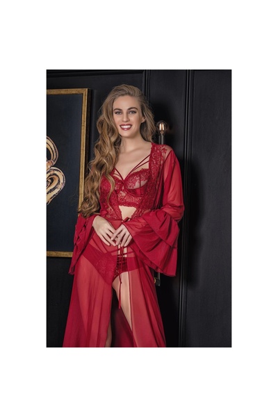 Narnuga Mi̇raxx Transparent Maxi Size Morning Dress Bordo (11650)