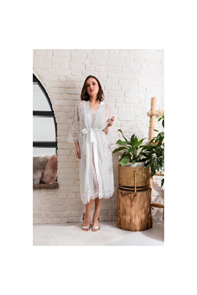 Narnuga Mi̇raxx Bridal Set Transparent Midi Length with Belt Morning Dress Ecru (Mgp12176)