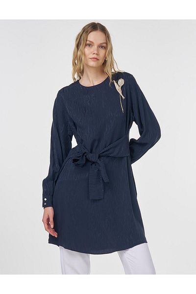 Kayra Brooch Detailed Jacquard Tunic Dark Navy Blue