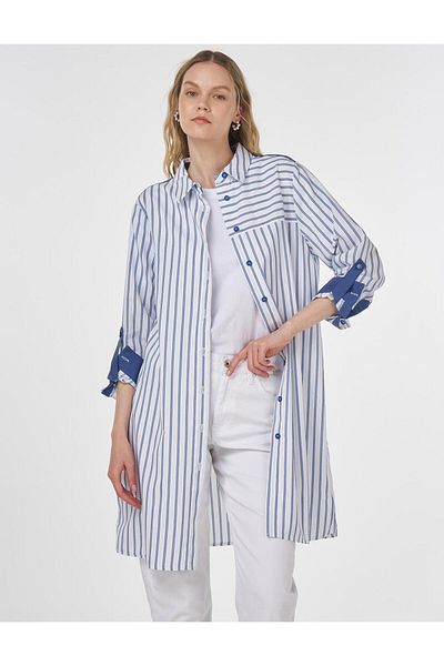 Kayra Line Pattern Garnished Tunic Indigo