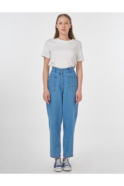 KYR High Waist Buttoned Denim Trousers Ice Blue