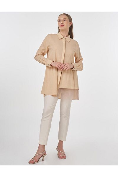 Kayra Tulle Detailed Cotton Tunic Beige
