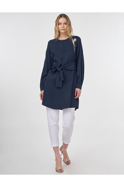 Kayra Brooch Detailed Jacquard Tunic Dark Navy Blue
