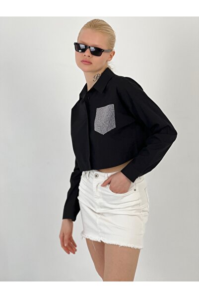 Miss Poem Women's Pocket Stone Detailed Black Crop Shirt