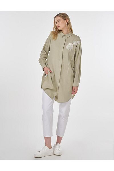 KYR Floral Embroidered Linen Viscose Tunic Mildew Green