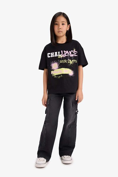 DeFacto Girl's Oversize Wide Fit Crew Neck Printed Short Sleeve T-Shirt E0386A825Sm