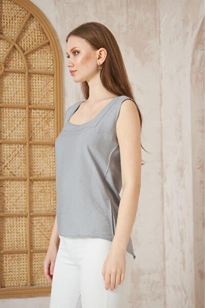 Pasaklı Giyim Women's Gray Square Neck Thick Strap Sleeveless Linen Short Sleeve Summer Casual Shirt Blouse 2911230