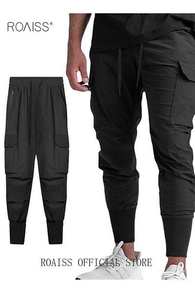 ROAISS Men's Casual Trousers European Style Trend Quick-drying Drawstring Pants Multi-pocket For Men Sports