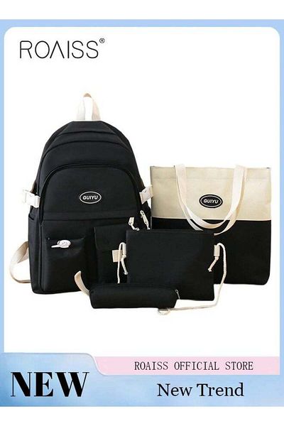 ROAISS Kids Backpack 4 Pcs Letter Graphic Colorblock Backpack Set Sweet Large Capacity School Bag Bookbag S