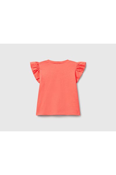United Colors of Benetton Baby Coral Logo Label Sleeve Ruffle Detail Crew Neck T-Shirt