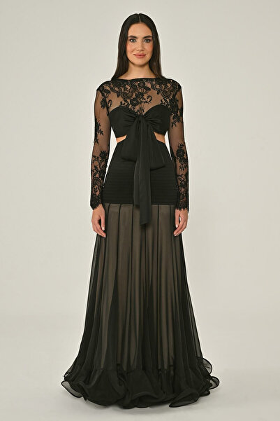 ALFABETA فستان سهرة طويل من ألفا بيتا مع تنورة دانتيل وشيفون