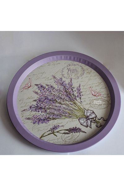 PUFO Round metal plate type tray Sweet home of lavender for serving dessert, cakes, appetizers, 33 cm