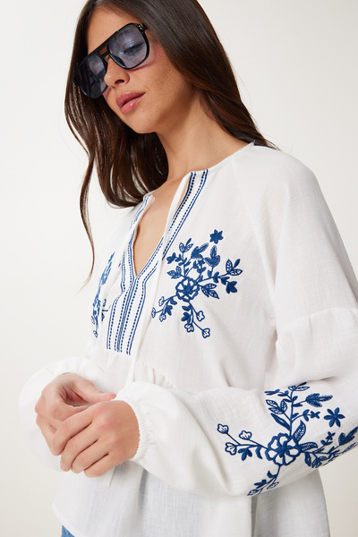 Lovelyİstanbul Embroidery Embroidered Balloon Sleeve Linen Blouse White Lhf0024