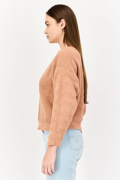 Poof Women Crew Neck Knitted Sweater, Light Brown
