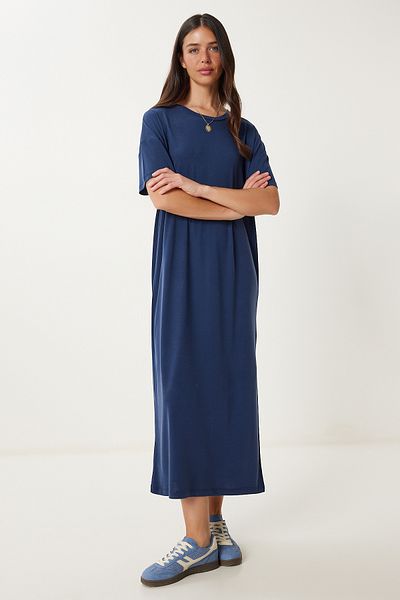 Lovelyİstanbul Oversize Basic Summer Knitted Dress Dark Blue Lub0082