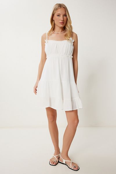 Lovelyİstanbul Pearl Flower Detail Mini Viscose Dress White Llc0002