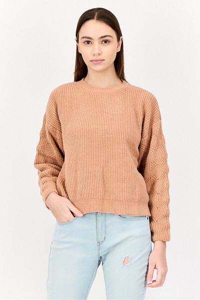 Poof Women Crew Neck Knitted Sweater, Light Brown