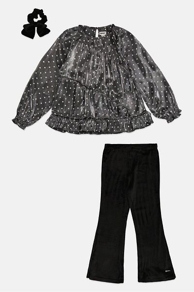 Dkny Kids Girl 3 Pieces Metallic Top, Bottom And Scrunchie Set, Multicolor