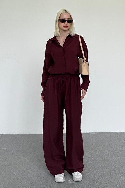 Madmext بدلة قميص وبنطلون نسائي أساسي باللون الأحمر الداكن Mg2352