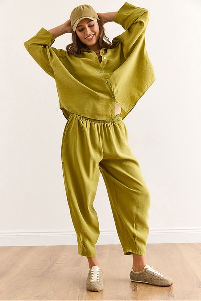 Olalook Women's Oil Green Top Shirt Bottom Baggy Trousers Modal Suit Tkm-19000399