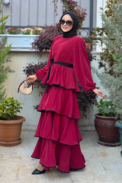 Bym Fashion Waist Belted Floor Detail Dress 6029 Burgundy