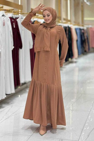 Bym Fashion Pleated Detail Dress Shawl Double Set 6039 Tan
