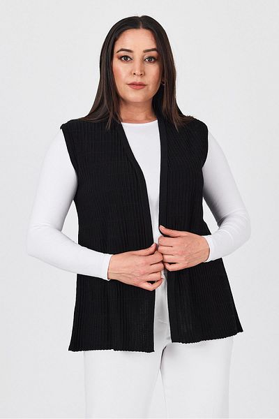 Uludağ Triko Women's Black Corded Embroidered V-Neck Seasonal Knitwear Mother Summer Vest