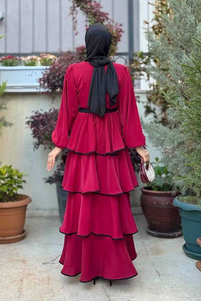Bym Fashion Waist Belted Floor Detail Dress 6029 Burgundy