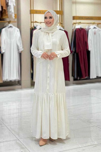 Bym Fashion Pleated Detail Dress Shawl Double Set 6039 Ecru
