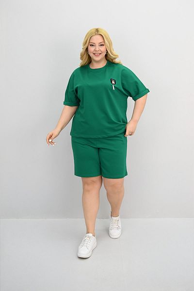 Koza Butik طقم شورت نسائي مقاس كبير بأكمام قصيرة ومزين بتفاصيل إكسسوارات 8186-25