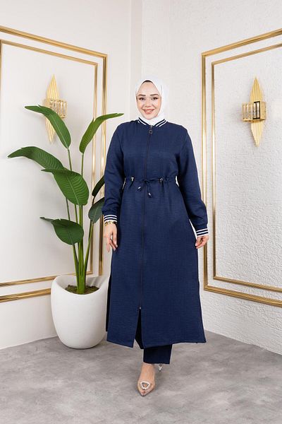 HARMAN BUTİK Women's Ribbed Zippered Navy Blue Linen Double Suit