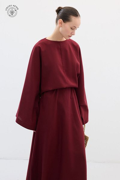 Hooopstore Lyocell Linen Draped Burgundy Tunic Dress