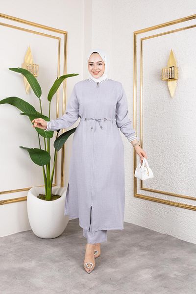 HARMAN BUTİK Women's Ribbed Zippered Gray Linen Double Suit