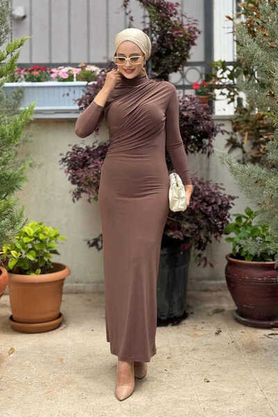 Bym Fashion Büzgü Detaylı Sandy Elbise 3970 Kahverengi