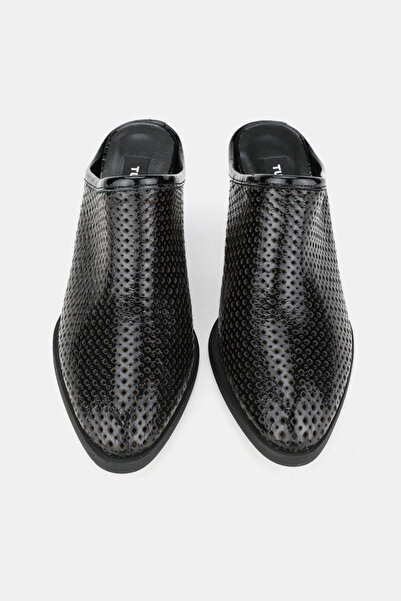 TUNAELLİ Women's Black Rugan Genuine Leather Heel Closed Front Sabo Slippers