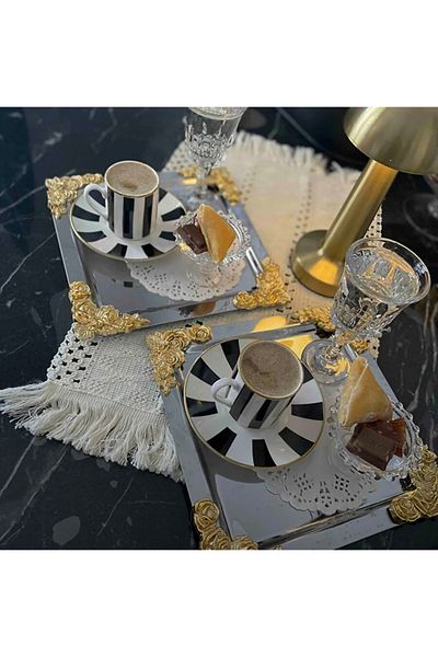 Elzemm store 2 Pcs Stainless Steel Square Silver Color Gold Presentation Tray with Four Corner Accessories