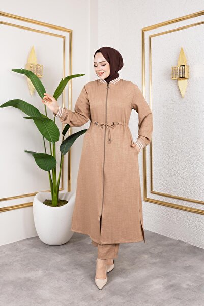 HARMAN BUTİK Women's Ribbed Zippered Beige Linen Double Suit