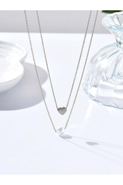 pullmarkt Altın Renk İnci Ve Kalp Sf Katmanlı Kolye