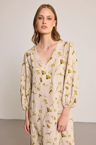 Gusto Butterfly Collection V-Neck Long Linen Dress - Beige