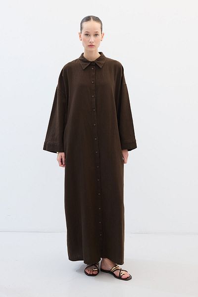 Hooopstore Linen Textured Brown Shirt Dress