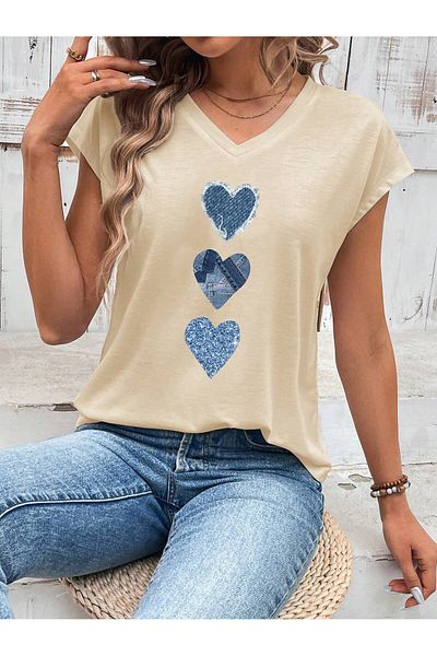 Deocept Tricou oversize casual cu decolteu în V cu imprimeu inimă pentru femei
