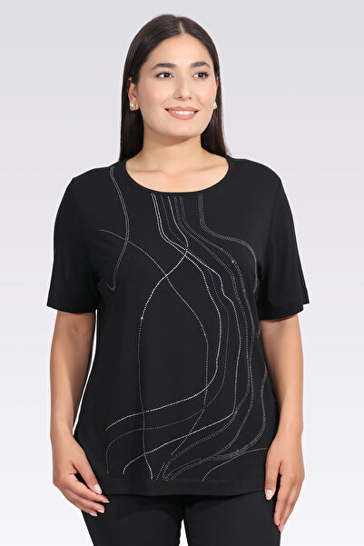 TOLGA SARAÇOĞLU 11039 SİYAH TAŞ BASKILI KISA KOL ÖRME BLUZ