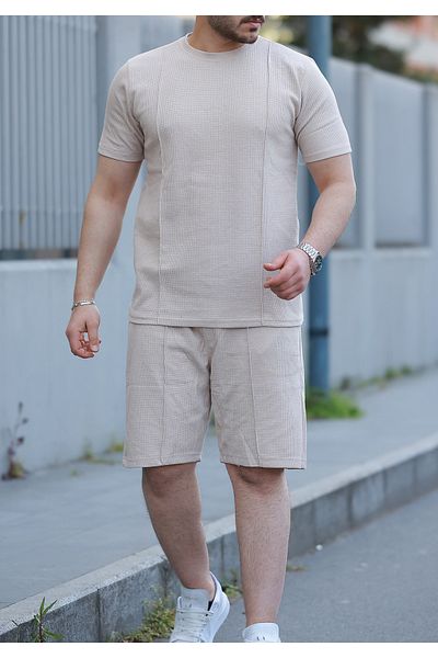 viperkombin T-Shirt and Shorts 2-Piece Set Waffle Fabric Stripe Detailed Textured Fabric