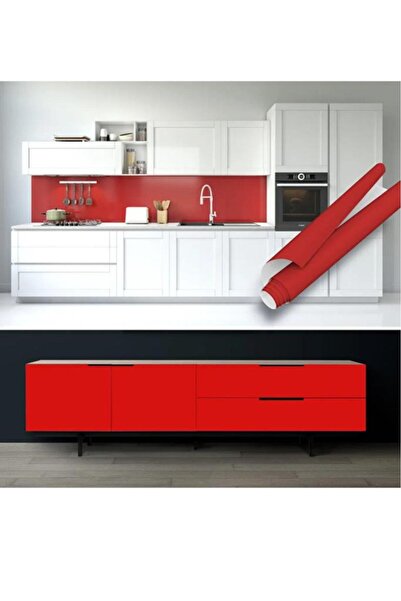 Renkli Duvarlar 67cm x 10Metre 1 Adet Rulo Folyo Yapışkanlı Düz Kırmızı Mutfak Duvar Kaplama Folyosu Kağıdı