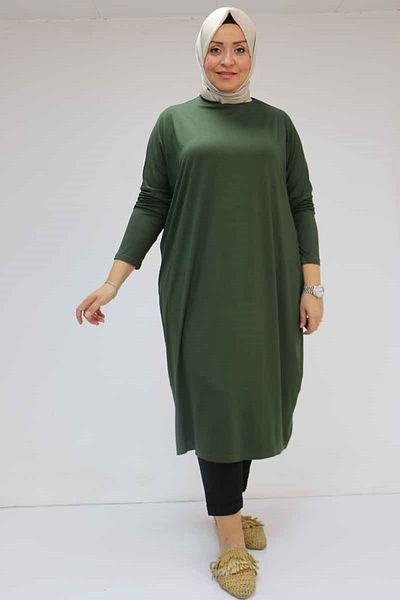 Eslina 28095 Plus Size Low Sleeve Combed Cotton Long Tunic - Khaki
