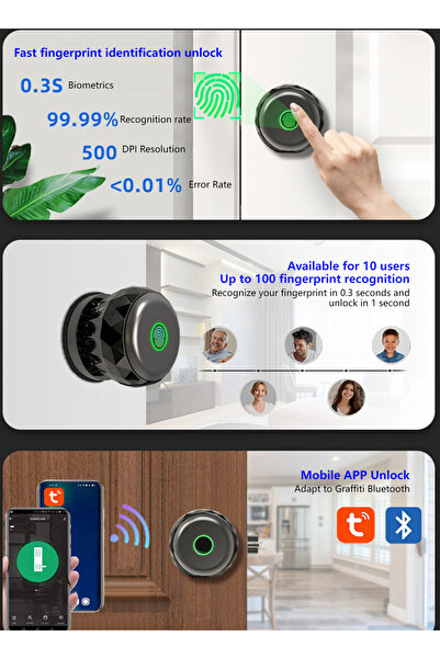 sharpdo Indoor Wooden Door Ball Lock Smart Fingerprint Lock, Fingerprint/App/Key Unlocking, USB Interface