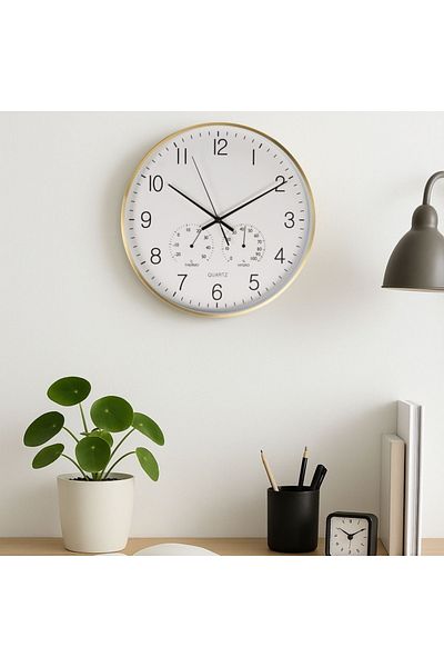 Gift Design Wall clock with weather station, 38x4.2 cm, white with gold, modern design