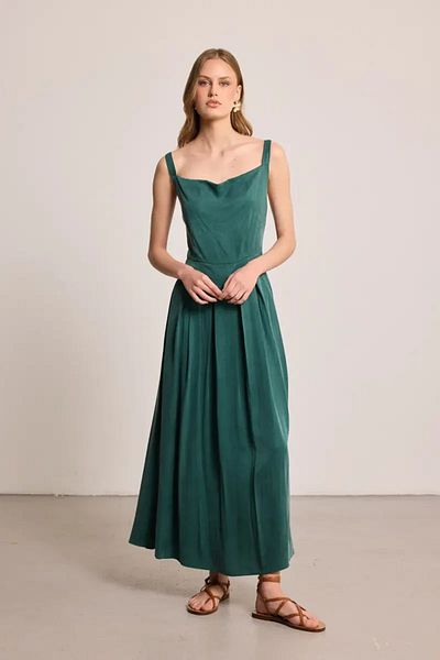 Gusto Pleated Degaje Collar Lyocell Dress - Green