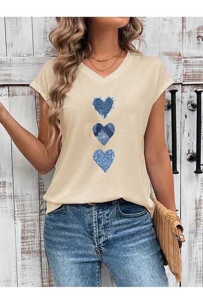 Deocept Tricou oversize casual cu decolteu în V cu imprimeu inimă pentru femei